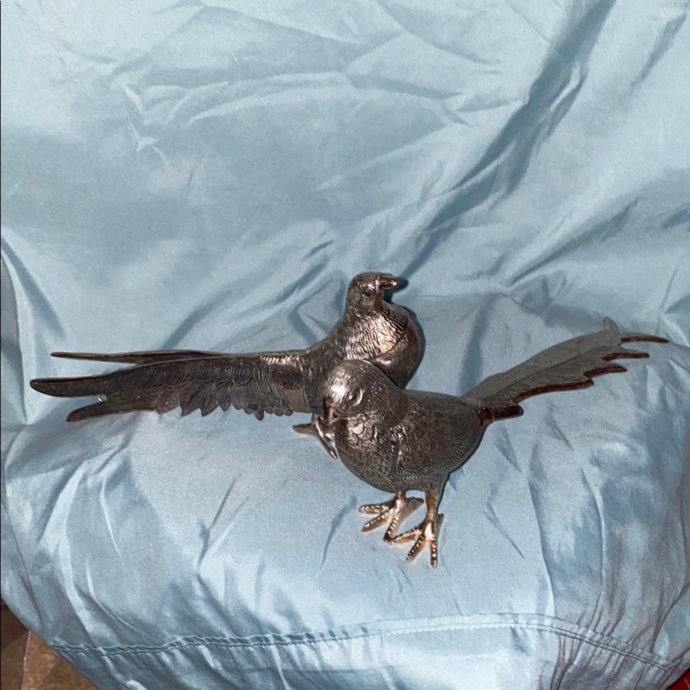 Vintage Lacquered Brass Silver finish Pheasant and  Japanese Peacock Bird Fig